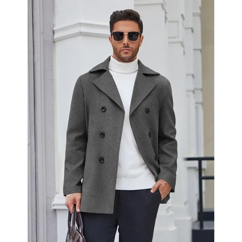 Men's Dark Grey Double Breasted Pea Coat Trench Coat Notched Collar Overcoat